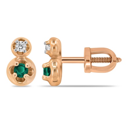 Emerald and Diamond Two-Stone Stud Earrings. Hypoallergenic 585 (14K) Rose Gold, Screw Backs