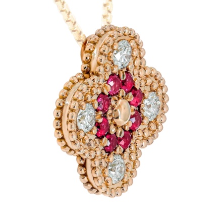 Ruby and Diamond Four-leaf Clover Slide Pendant - Angle 2