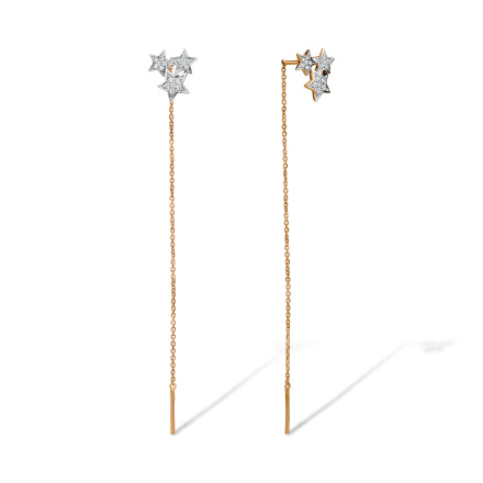 Chain Earrings 'Diamond Luck Stars'. Hypoallergenic Cadmium-free 585 (14K) Rose Gold
