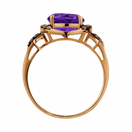 Ring with Round Amethyst and Champagne Diamonds. Hypoallergenic 585 (14K) Rose Gold, Black Rhodium. View 4