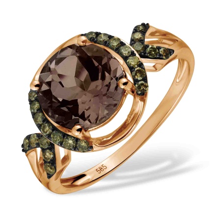 Ring with Round Smoky Quartz / Champagne Diamonds. Hypoallergenic 585 (14K) Rose Gold, Black Rhodium
