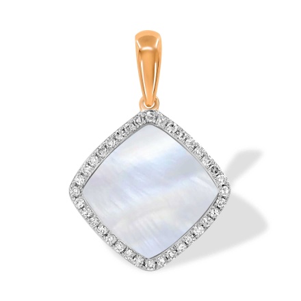 Pendant with Mother-of-Pearl in a Diamond Contour. Hypoallergenic 585 Rose Gold, Rhodium Detailing