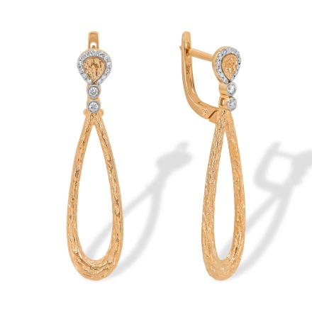 Textured Gold Earrings with 30 Diamonds. Hypoallergenic 585 Rose Gold, Rhodium Detailing