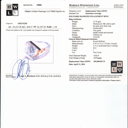 Appraisal of platinum ring with investment size diamond