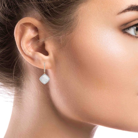 Diamond Earrings with Mother-of-pearl Rhombus Pendants on a Model