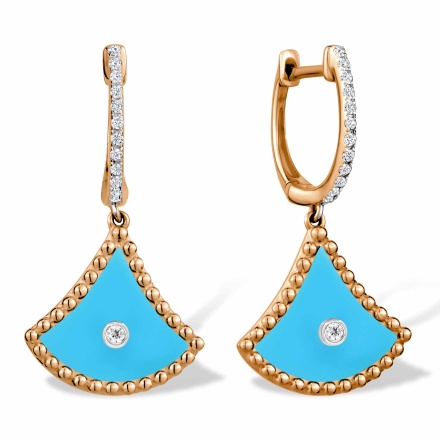 Turquoise and Diamond Earrings "Nefertiti". Hypoallergenic 585 Rose Gold, Rhodium Detailing