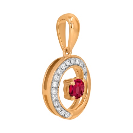 Circle Pendant with Diamond and Ruby Tendril. Hypoallergenic Cadmium-free 585 (14K) Rose Gold. View 2