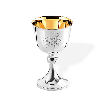 Wine Shiny Silver Goblet with Floral Engraving. Hypoallergenic 925 Silver, 999 (24kt) Gold Plating