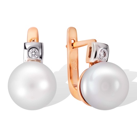 Earrings of Perfect Pearls and Flush-set Diamonds. Tested 585 (14K) Rose and White Gold