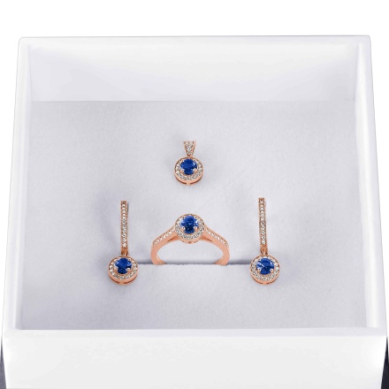 Set of Connoisseur Blue Sapphire and Diamond Ring, Earrings, Pendant