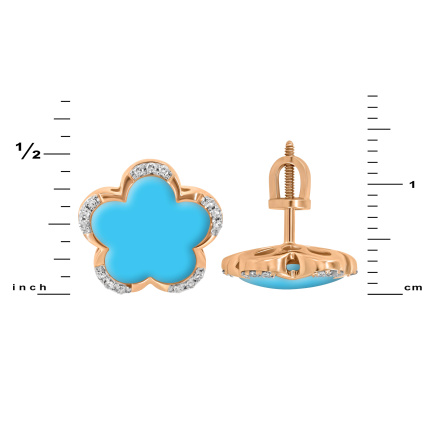 Flora-inspired Turquoise and Diamond Studs. Hypoallergenic 585 (14K) Rose Gold, Screw Backs. View 2