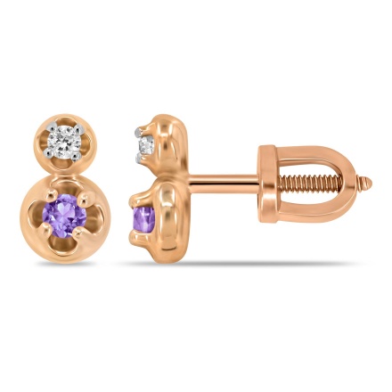 Amethyst and Diamond Two-Stone Stud Earrings. Hypoallergenic 585 (14K) Rose Gold, Screw Backs