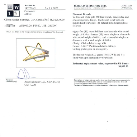 Abstract Geometric Diamond 18kt Gold Brooch. Appraisal