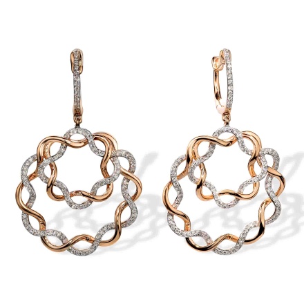 Earrings Artistically Woven from Gold and Diamonds. Hypoallergenic 585 Rose Gold, Rhodium Detailing