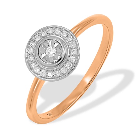 Illusion Set Diamond with Diamond Halo Ring. Tested 585 (14K) Rose and White Gold