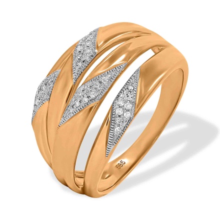 Wide Ring with Slots and Diamond Milgrain Overlays. Hypoallergenic 585 Rose Gold, Rhodium Detailing