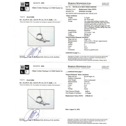 Appraisal certificate of 14K white gold toggle necklace with 6 diamonds