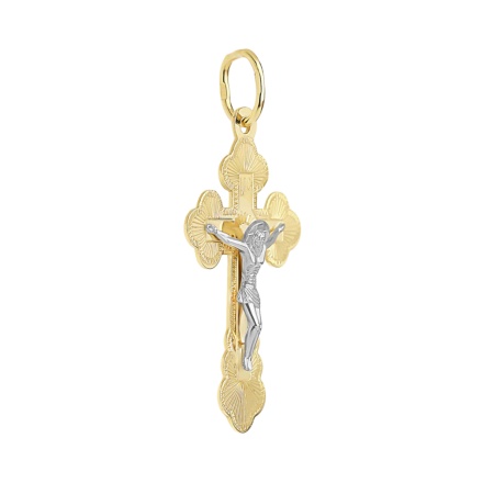 Orthodox cross pendant in diamond-cut 14kt yellow and white gold. View 2