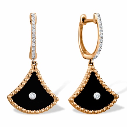 Black Onyx and Diamond Earrings 'Nefertiti'. Hypoallergenic Cadmium-free 585 (14K) Rose Gold
