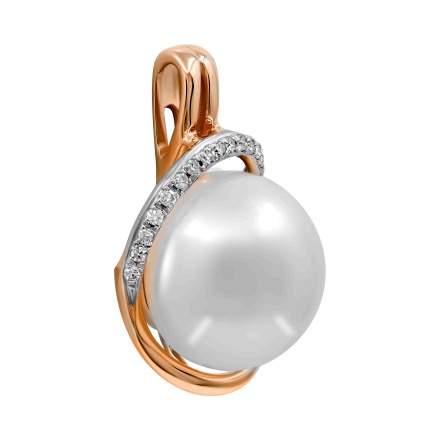 Prestige 10.5mm Pearl and 17 Diamonds Pendant. Hypoallergenic 585 Rose Gold, Rhodium Detailing. View 2