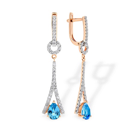Eiffel Tower Blue Topaz and Diamond Earrings. Certified 585 (14kt) Rose Gold, Rhodium Detailing
