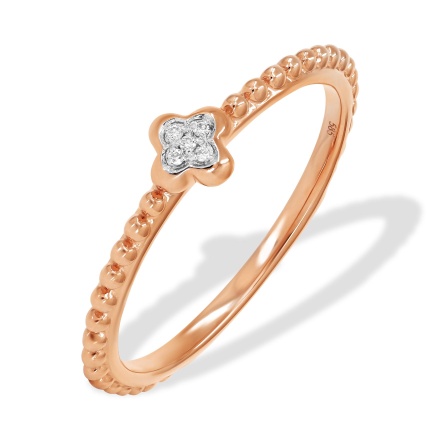 Ring with Diamond Flower and Golden Beads. Hypoallergenic 585 Rose Gold, Rhodium Detailing
