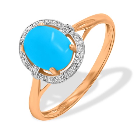 Ring with Turquoise Cabochon in Diamond Frame. Hypoallergenic 585 Rose Gold, Rhodium Detailing