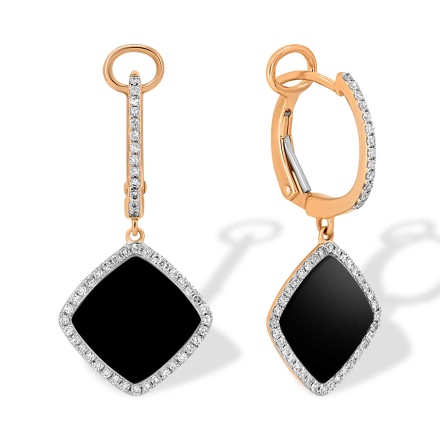 Diamond Earrings with Black Onyx Rhombus Pendants. Hypoallergenic 585 Rose Gold, Rhodium Detailing