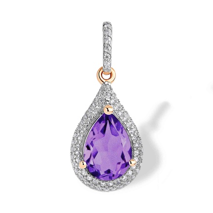 Amethyst and CZ Teardrop-shaped Pendant. 585 Rose Gold with Rhodium. 'Empress' Series