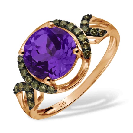 Ring with Round Amethyst and Champagne Diamonds. Hypoallergenic 585 (14K) Rose Gold, Black Rhodium