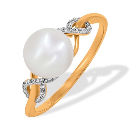 Ring with 8mm Cultured Pearl and 28 Diamonds. Hypoallergenic 585 Rose Gold, Rhodium Detailing