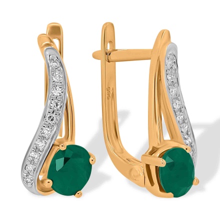 Earrings Featuring 2 Emeralds and 20 Diamonds. Hypoallergenic 585 Rose Gold, Rhodium Detailing