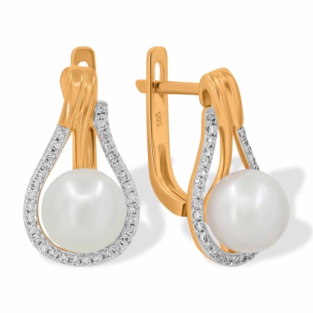 Sparkle Earrings with 7.5mm Pearls and 64 Diamonds. Hypoallergenic 585 Rose Gold, Rhodium Detailing