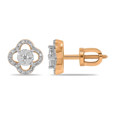Petal-shaped Ear Studs Featuring 42 Diamonds. 585 (14K) Rose and White Gold, Screw Backs