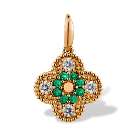 Emerald and Diamond Four-leaf Clover Pendant. Hypoallergenic Cadmium-free 585 (14K) Rose Gold