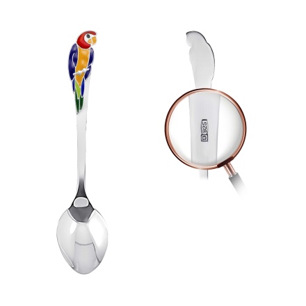 Toddler Silver Spoon with a Red Head Macaw Parrot. View 2