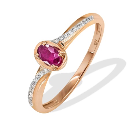 Ring with an Oval Ruby Flanked by 20 Diamonds. Hypoallergenic 585 Rose Gold, Rhodium Detailing