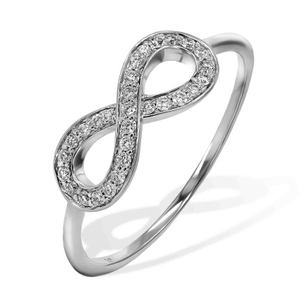 Infinity Ring Featuring 29 Diamonds. Tested 585 (14K) White Gold, Rhodium Finish