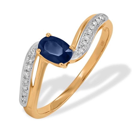 Ring Featuring Sapphire and 16 Diamonds. Hypoallergenic 585 Rose Gold, Rhodium Detailing