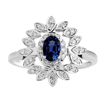 585 White Gold Ring with Oval Sapphire and Diamond Petals. View 2