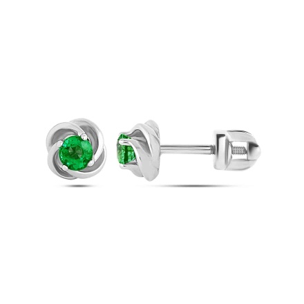 Emerald Swirl Design Stud Earrings. Certified 585 White Gold, Rhodium, Screw Backs