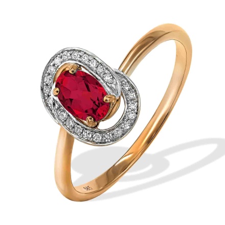 Pure Classic Ring with Ruby and Diamonds. Hypoallergenic 585 Rose Gold, Rhodium Detailing