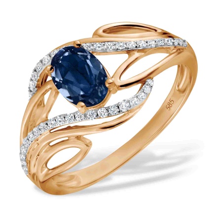 Sapphire and Diamond Ring with Artistic Flair. Hypoallergenic 585 Rose Gold, Rhodium Detailing