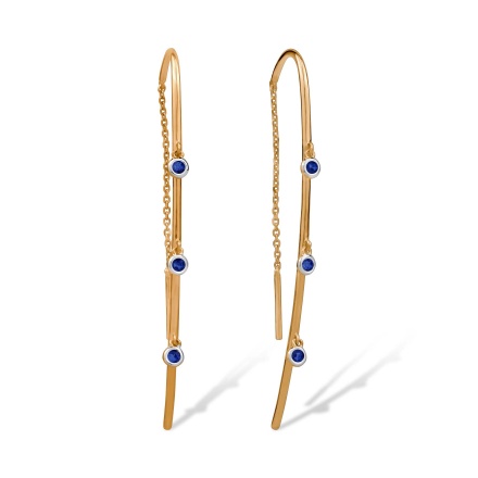 Threader Earrings with Hanging Sapphires. Hypoallergenic 585 Rose Gold, Rhodium Detailing