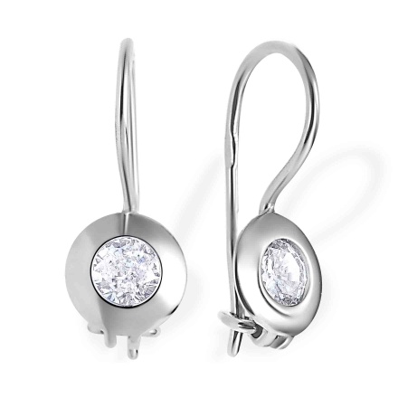 White Gold CZ-encrusted French Wire Earrings. European-cut CZ, Certified 585 (14kt) White Gold