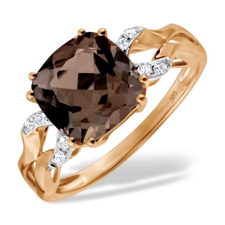 Neoclassical Ring with Smoky Quartz and Diamonds. Hypoallergenic 585 Rose Gold, Rhodium Detailing
