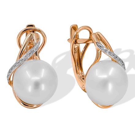 'Afrodite' Pearl and Diamond Earrings. Hypoallergenic 585 Rose Gold, Rhodium Detailing
