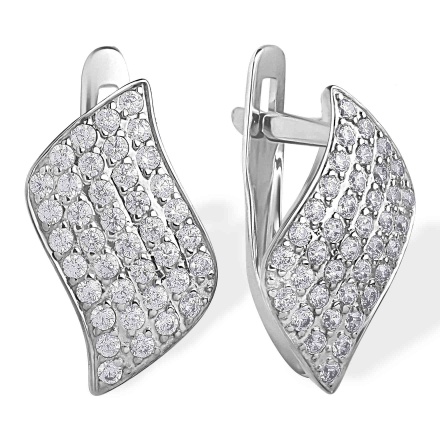 Micro-Pave CZ  Leverback Earrings. Certified 585 (14kt) White Gold