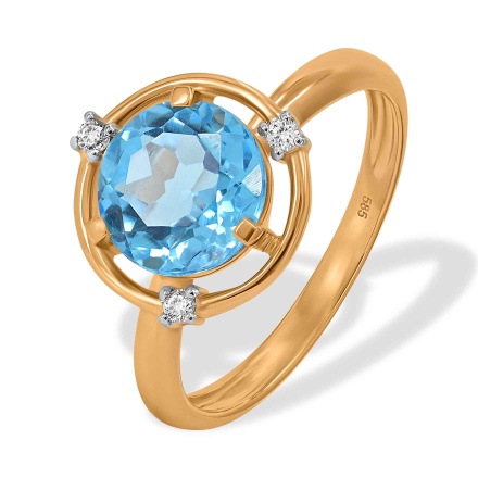 Ring Featuring Blue Topaz and 3 Diamonds. Hypoallergenic 585 Rose Gold, Rhodium Detailing