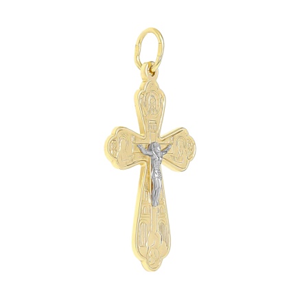 'Crucifixion of Jesus' Orthodox cross pendant in yellow and white gold. View 2